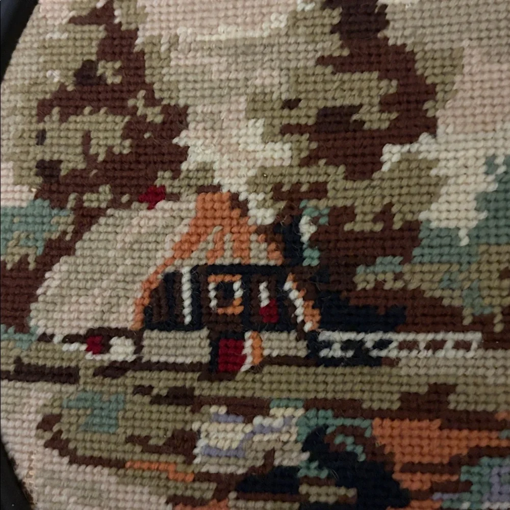 Framed Vintage Needlepoint: Cottage or Windmill Folk Art